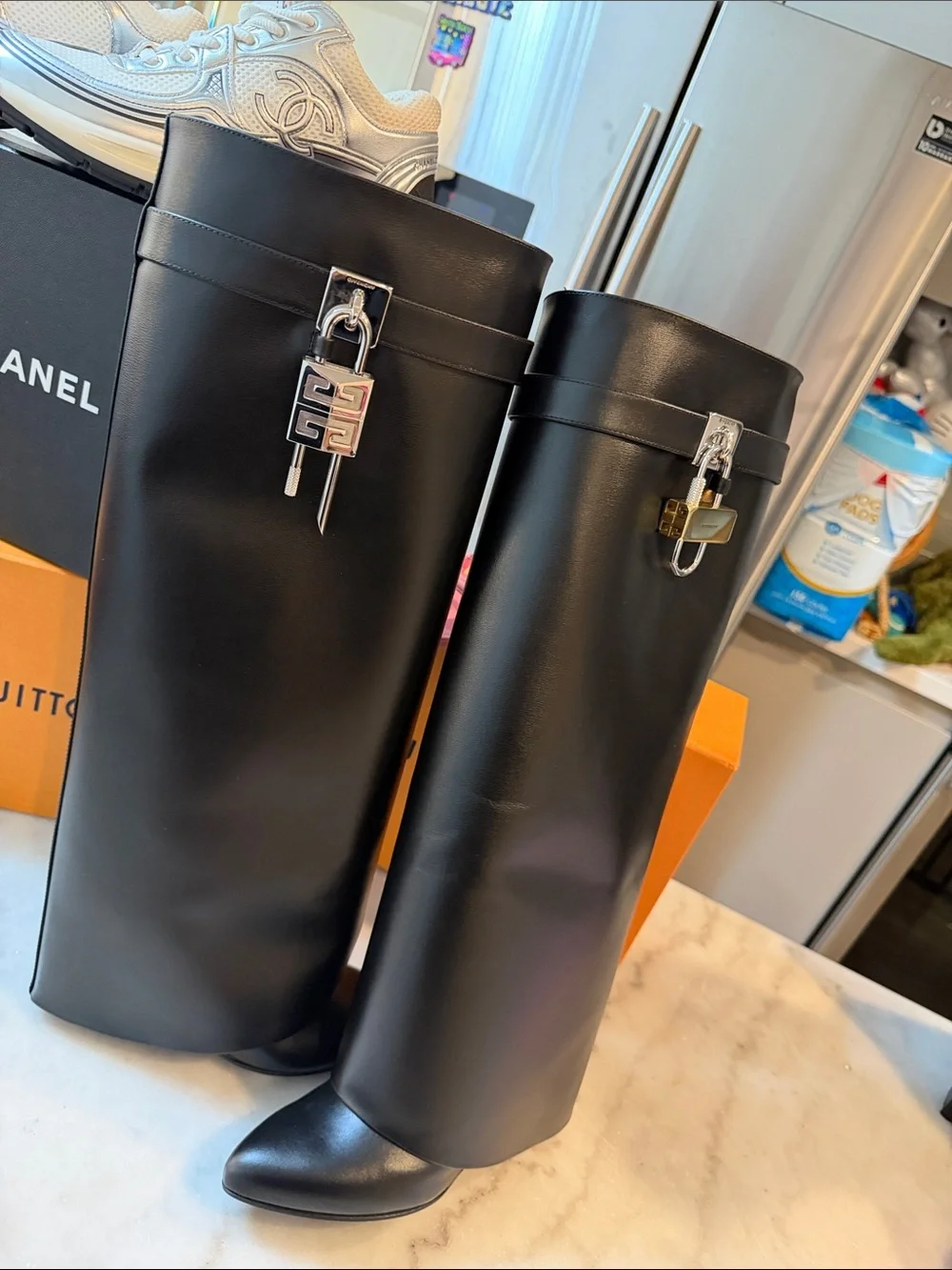 Givenchy SHARK BOOTS Black Leather with Silver Padlock Accent